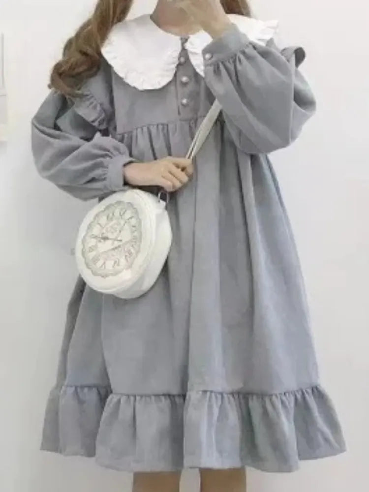 Sweet Kawaii Lolita Dress Ruffles Soft Girl School Student Preppy Style Cute Peter Pan Collar Party Dresses Autumn