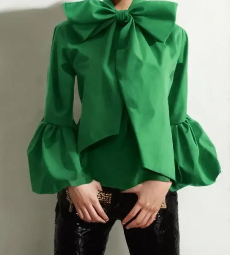 Bowknot High Collar Shirt for Women 2024 New Lantern Sleeve Fit Solid White Blouse Urban Women's Fashion office Tops