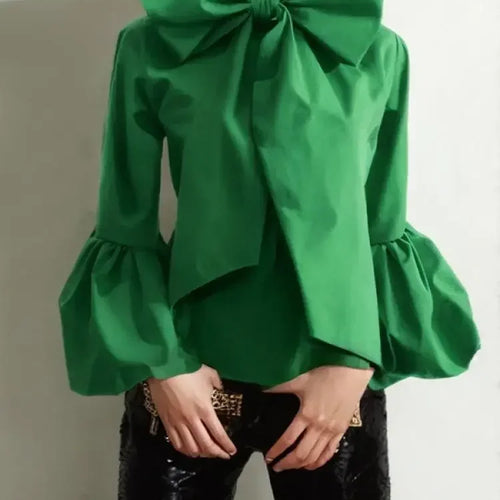 Load image into Gallery viewer, Bowknot High Collar Shirt for Women 2024 New Lantern Sleeve Fit Solid Green Blouse Urban Women&#39;s Fashion Commuter Top
