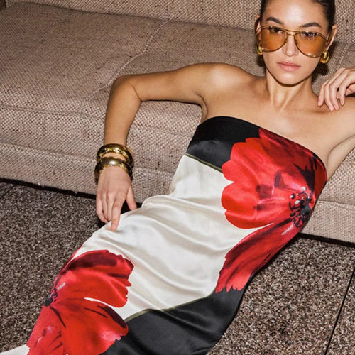 Load image into Gallery viewer, Strapless Floral Print Sexy Maxi Dress Women Gown Off-shoulder Sleeveless Backless A-line Club Long Dress Vestido
