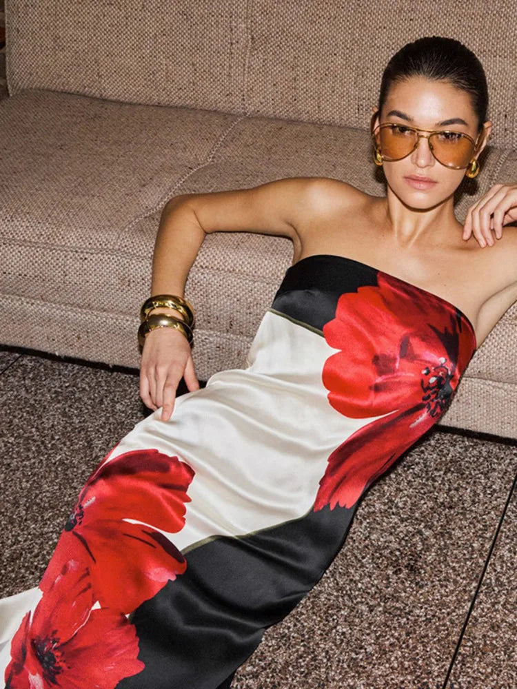 Strapless Floral Print Sexy Maxi Dress Women Gown Off-shoulder Sleeveless Backless A-line Club Long Dress Vestido