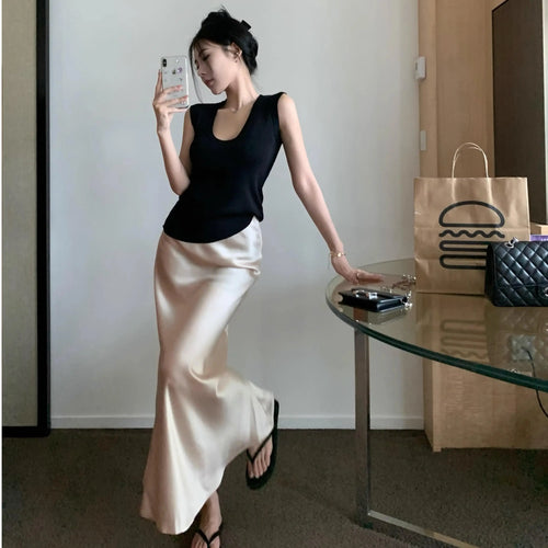 Load image into Gallery viewer, Spring Summer Women Black Beige Elegant Long Skirt Korean Version Pink High Waist Temperament Vacation Half Skirt Versatile Chic
