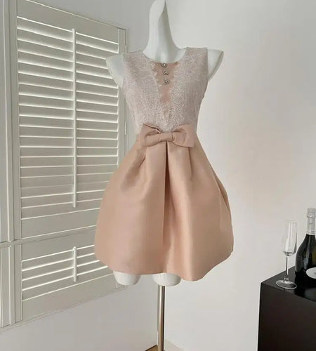 Summer French Sweet Brown Patchwork Lace Elegant Slim Bow Party Dress Women High Waist Sleeveless Princess Vest Short Dress Chic