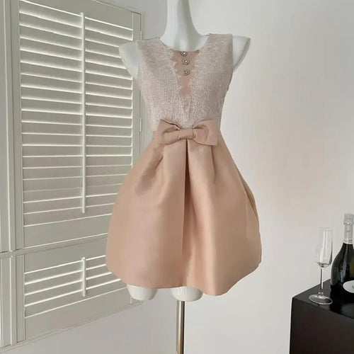 Load image into Gallery viewer, Summer French Sweet Brown Patchwork Lace Elegant Slim Bow Party Dress Women High Waist Sleeveless Princess Vest Short Dress Chic
