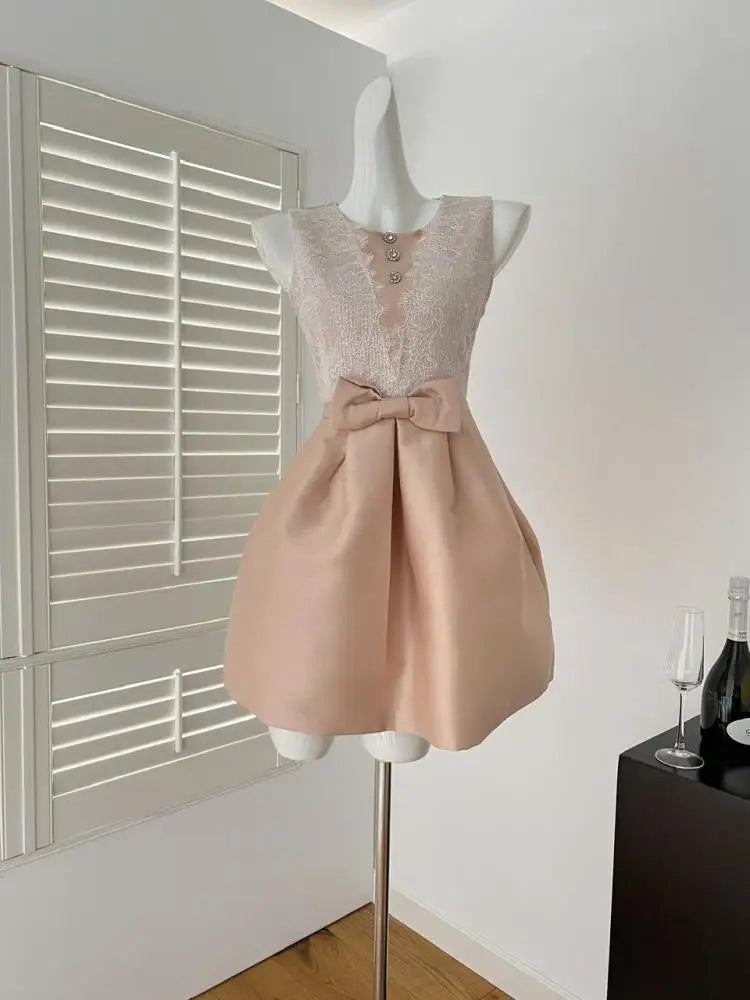 Summer French Sweet Brown Patchwork Lace Elegant Slim Bow Party Dress Women High Waist Sleeveless Princess Vest Short Dress Chic