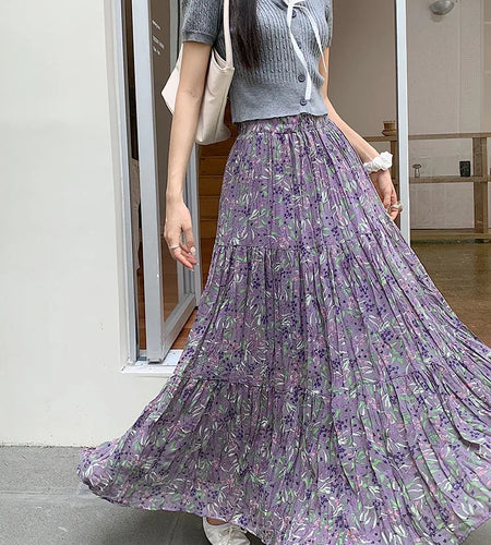 Women Purple Flower Elastic High Waist A-line Pleated Long Skirt Spring Summer New Beach Skirt Fashion Versatile Trendy Bohemian
