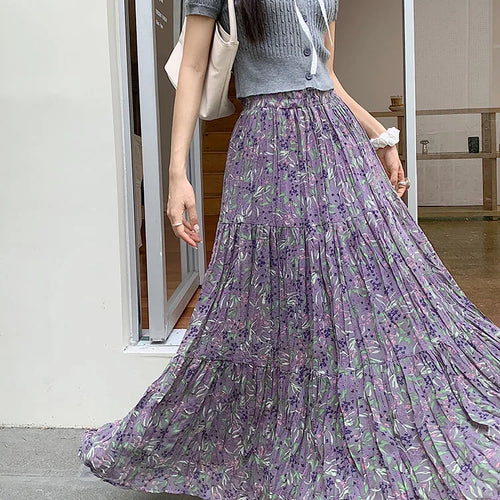 Load image into Gallery viewer, Women Purple Flower Elastic High Waist A-line Pleated Long Skirt Spring Summer New Beach Skirt Fashion Versatile Trendy Bohemian
