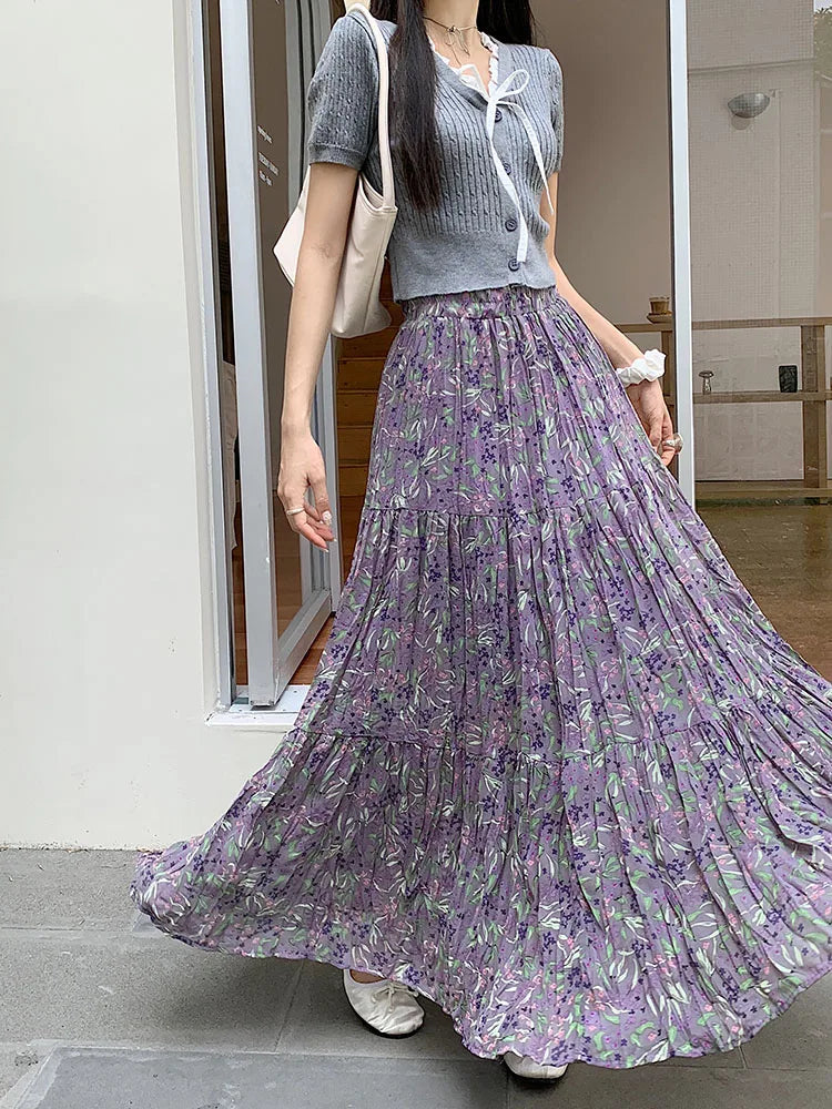 Women Purple Flower Elastic High Waist A-line Pleated Long Skirt Spring Summer New Beach Skirt Fashion Versatile Trendy Bohemian