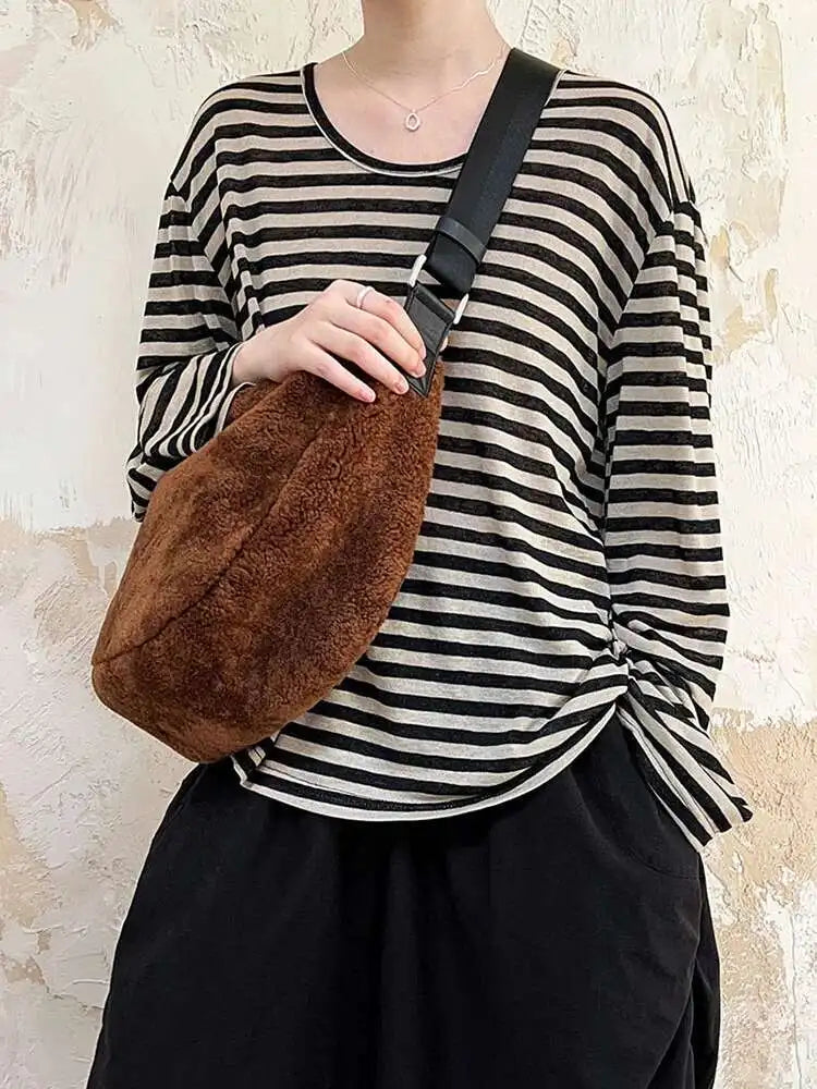 Women Apricot Striped Color-block Big Size Casual T-shirt New Round Neck Long Sleeve Fashion Spring Autumn 2025 1DH6803