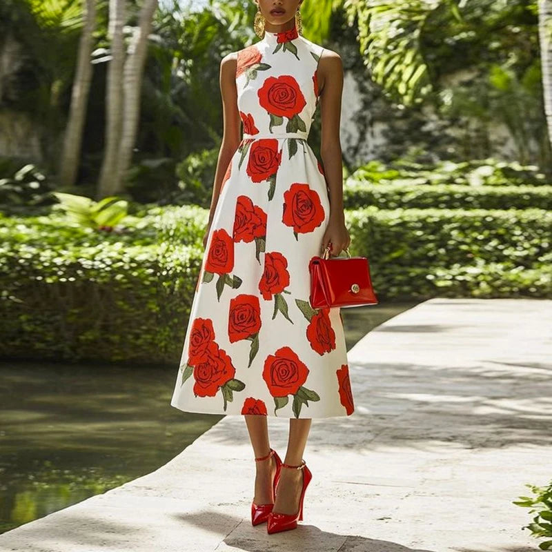 Summer Dress Woman 2025 Elegant Stand Collar Sleeveless Skinny Flower Print Pleats Cocktail Party Midi Dress for Women