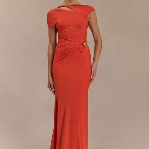 Load image into Gallery viewer, Hollow Out Gold Clasp Sexy Maxi Dress For Women Gown Solid Sleeveless Backless Ruched Bodycon Club Long Dress Elegant
