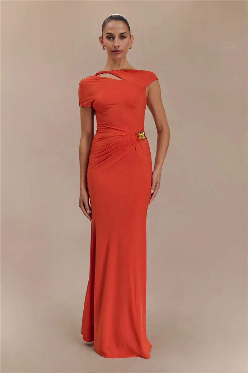 Hollow Out Gold Clasp Sexy Maxi Dress For Women Gown Solid Sleeveless Backless Ruched Bodycon Club Long Dress Elegant