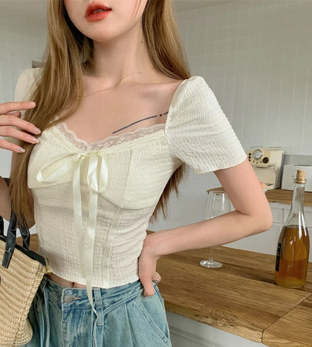 y2k Fairycore Tops for Women Clothing Lace Trim Bowknot Front Square Neck Short Sleeve Tshirts 2000s Clothes Streetwear