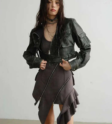 PU Leather Green Pocket Vintage Short Jacket New Stand Collar Long Sleeve Women Coat Fashion Spring Autumn 2025 1DH7220