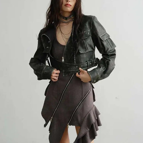 Load image into Gallery viewer, PU Leather Green Pocket Vintage Short Jacket New Stand Collar Long Sleeve Women Coat Fashion Spring Autumn 2025 1DH7220
