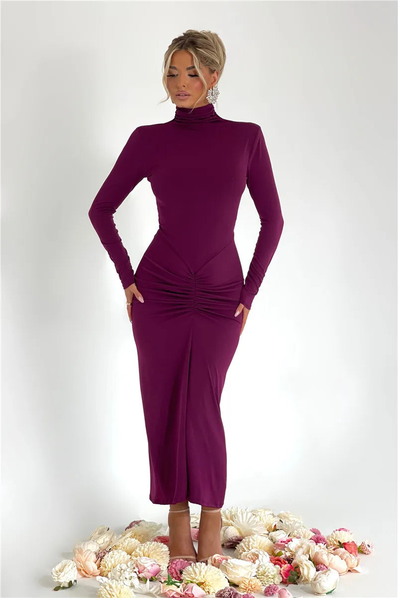 Elegant Turtleneck Long Sleeve Bodycon Maxi Dress Women Autumn Winter New Ruched Club Party Sexy Dress Vestidos
