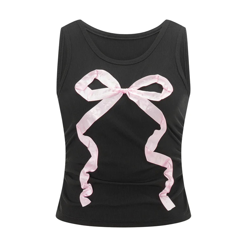 Fairycore Tank Top y2k Clothes Women Round Neck Sleeveless T Shirt with Bow Decor 2000s Aesthetic Clothing Streetwear