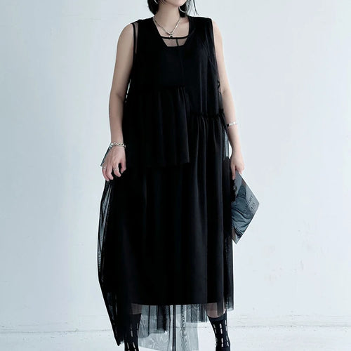 Load image into Gallery viewer, Women Black Khaki Mesh Perspctive Big Size Long Dress New Round Neck Sleeveless Fashion Tide Spring Autumn 2025  1DJ1064
