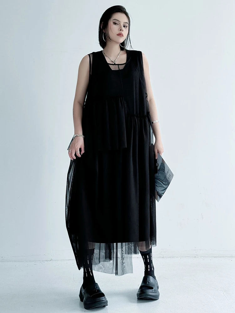 Women Black Khaki Mesh Perspctive Big Size Long Dress New Round Neck Sleeveless Fashion Tide Spring Autumn 2025  1DJ1064