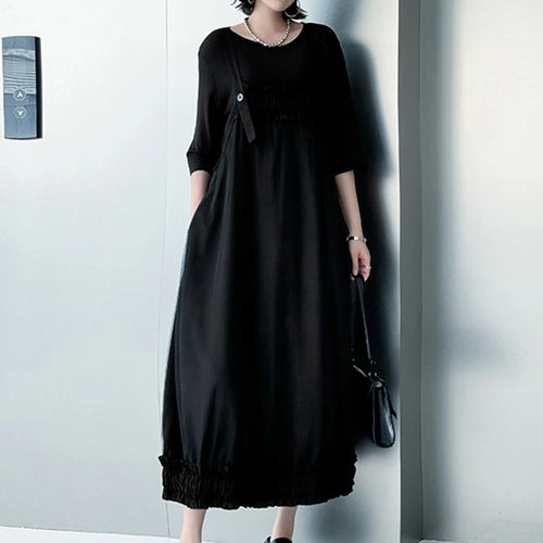 Load image into Gallery viewer, Women Black Ruffles Spliced Big Size Strap Dress New Square Collar Sleeveless Fashion Tide Spring Autumn 2025 1DJ1157
