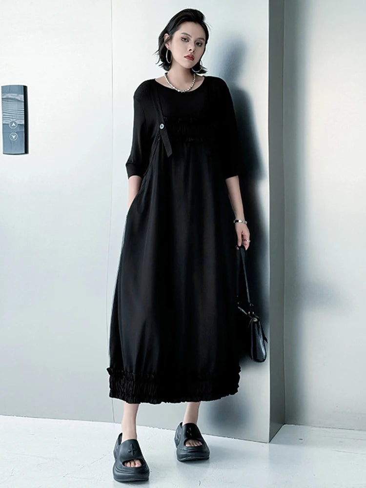 Women Black Ruffles Spliced Big Size Strap Dress New Square Collar Sleeveless Fashion Tide Spring Autumn 2025 1DJ1157