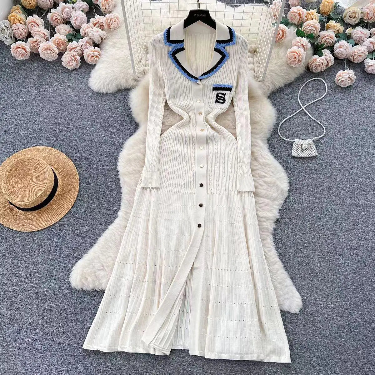 Korean Women's Patchwork Elegant Embroidery Slim Long Sleeved Festival Dress Spring Single Breasted Office Lady Knitted Dresses