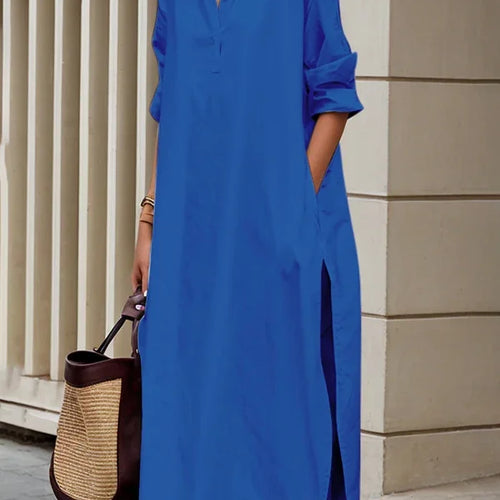 Load image into Gallery viewer, Fall Spring Women&#39;s Maxi Shirt Dress Solid Color Lapel Loose Split Casual Robe Dresses for Women Office Daily Simple
