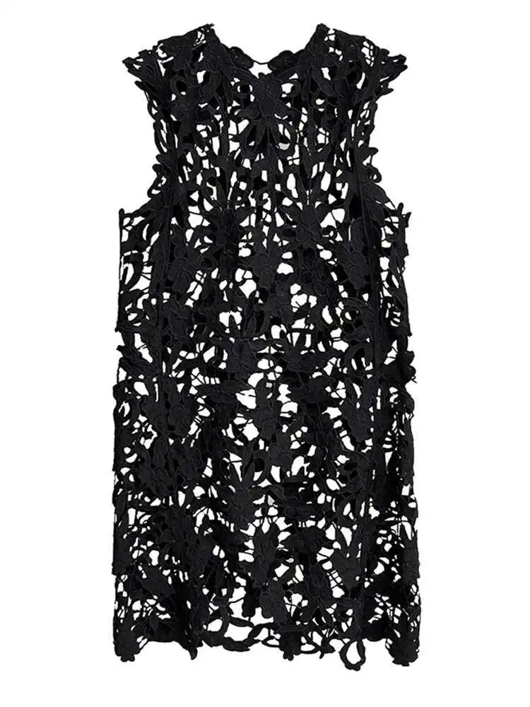 Women Black Lace Hollow Out Perspective Big Size Dress New Round Neck Sleeveless Fashion Tide Spring Summer 2025 1DJ0243