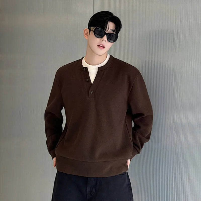 Winter Korean Crew Neck Knitted Fake Two Pieces Pullovers Men Casual Solid Color Button Fashion Goes Everything 9C9022