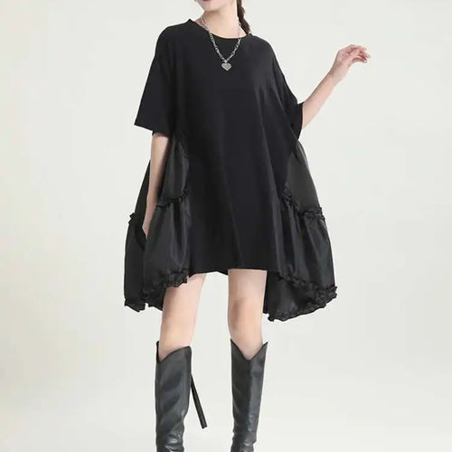Load image into Gallery viewer, Women Black Ruffles Irregular Big Size Mini Dress New Round Neck Short Sleeve Fashion Tide Spring Summer 2025 1DH9574
