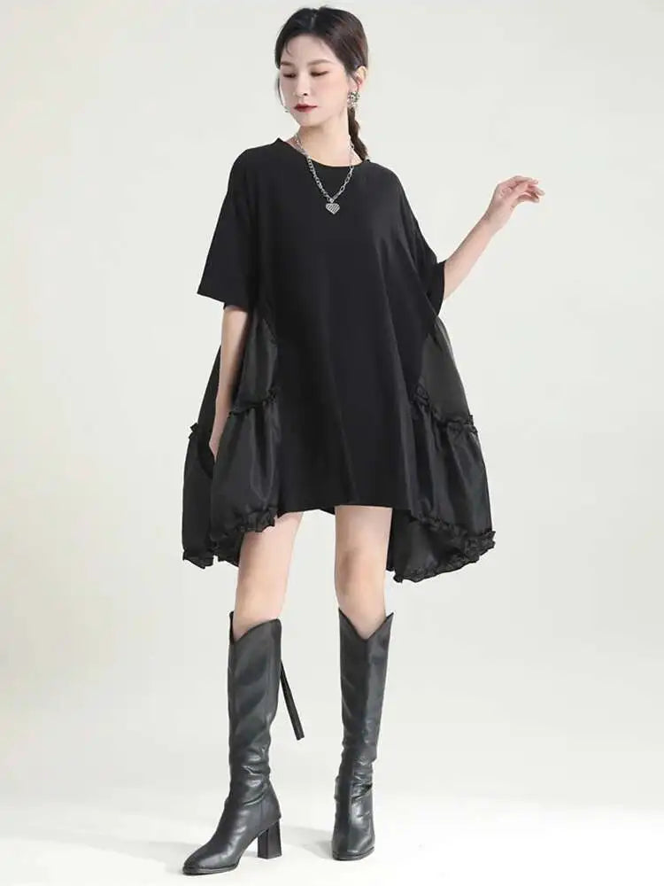 Women Black Ruffles Irregular Big Size Mini Dress New Round Neck Short Sleeve Fashion Tide Spring Summer 2025 1DH9574