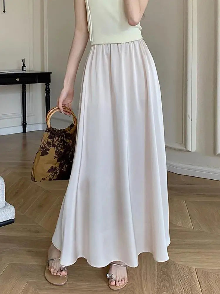 Korean Fashion Women's Elegant Sexy Pleated Long Skirt Spring Summer High Waist Vacation A-line Half Skirts 2025 Casual Ladies