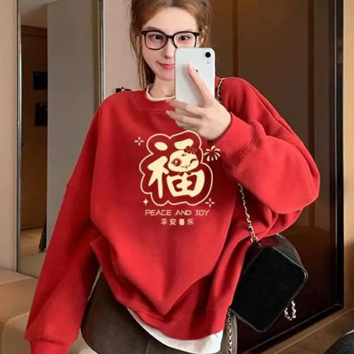 Load image into Gallery viewer, Autumn Winter New Red Print Round Neck Velvet Sweatshirt Thick Korean Women's Loose Long Sleeved Vacation Cotton Tops Clothing
