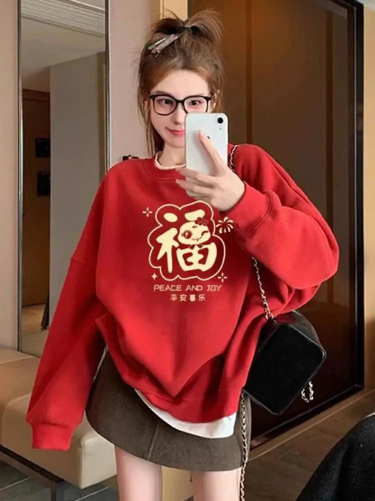 Autumn Winter New Red Print Round Neck Velvet Sweatshirt Thick Korean Women's Loose Long Sleeved Vacation Cotton Tops Clothing