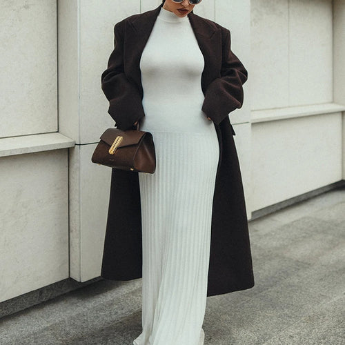 Load image into Gallery viewer, Half High Collar Sleeveless Knit Maxi Dress For Women Fashion Solid Bodycon Sexy Pleated Long Knitted Sweater Dress
