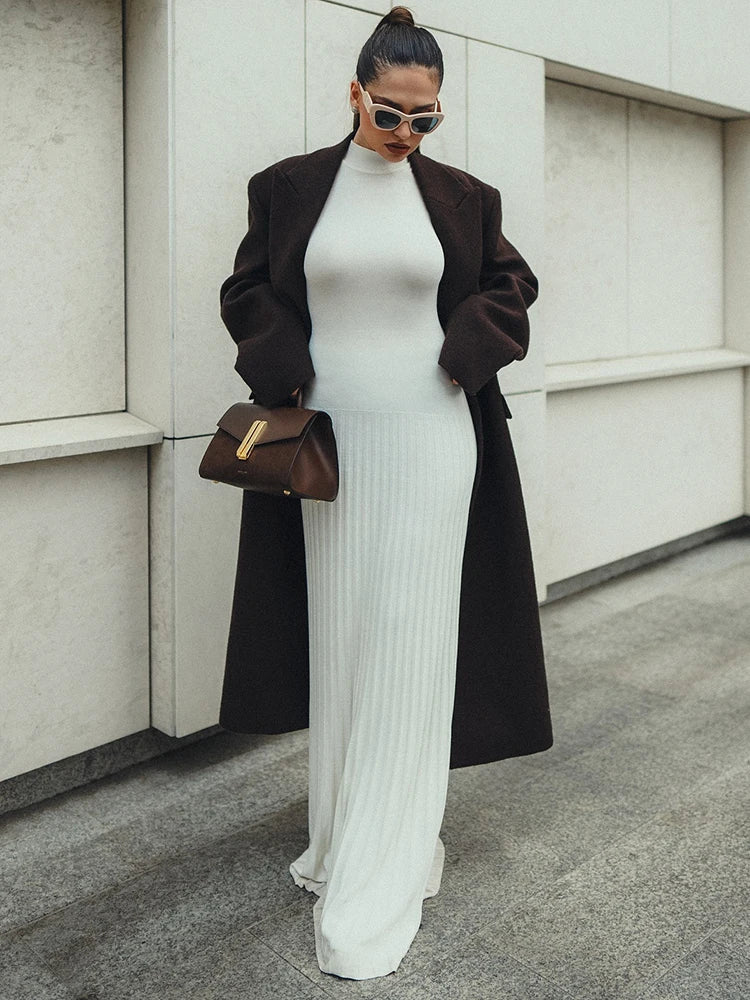 Half High Collar Sleeveless Knit Maxi Dress For Women Fashion Solid Bodycon Sexy Pleated Long Knitted Sweater Dress