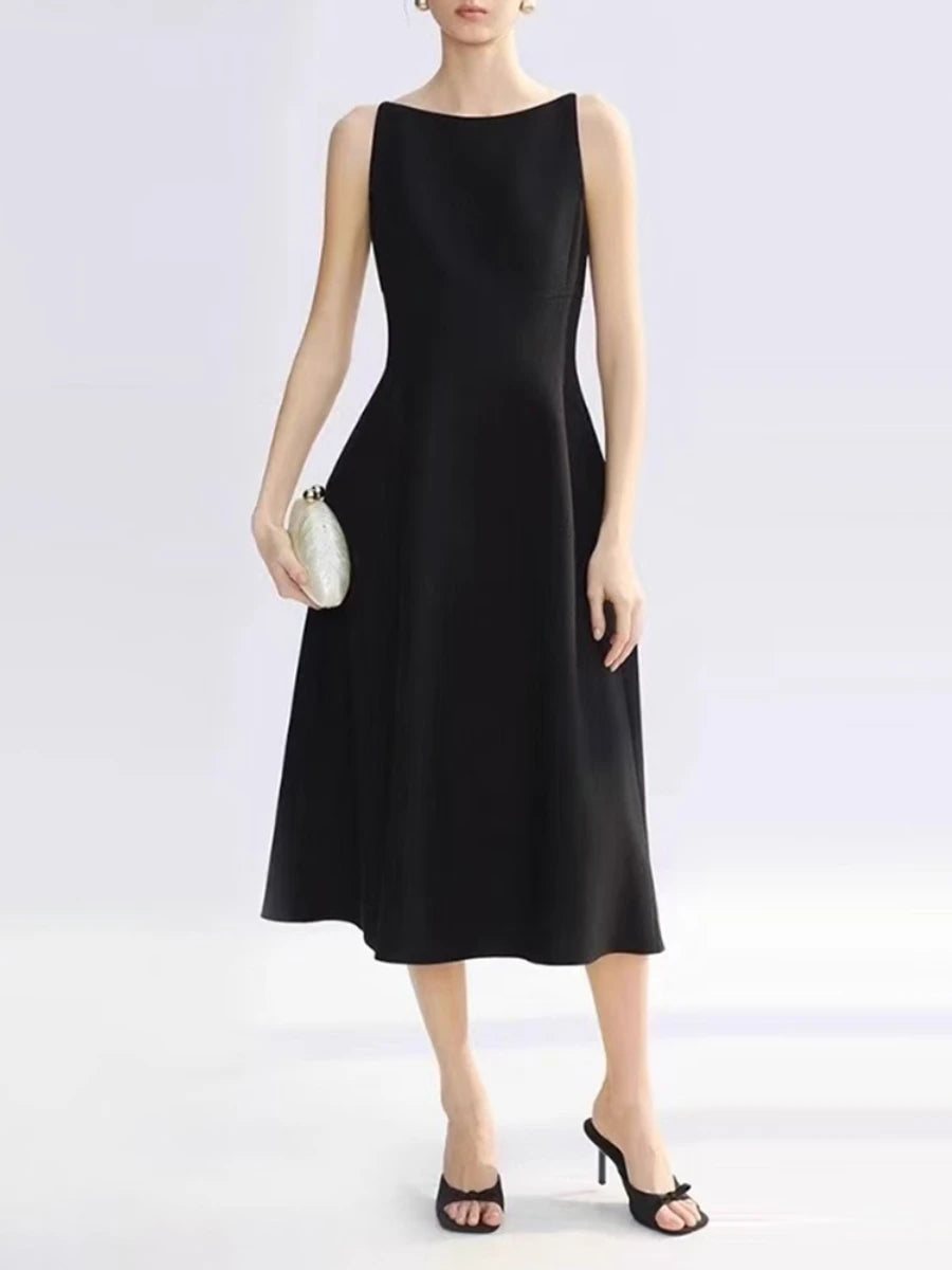 Solid Slimming Spliced Pockets Minimalist Dresses for Women Round Neck Sleeveless High Waist Elegant Dress Female