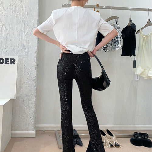 Load image into Gallery viewer, Patchwork Sequins Pants For Women High Waist Slim Split Hem Flare Pant Spring Female Style Fashion Clothing
