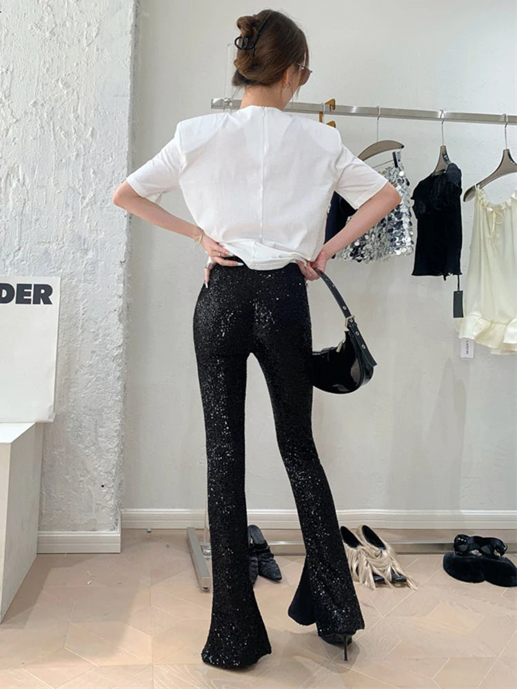 Patchwork Sequins Pants For Women High Waist Slim Split Hem Flare Pant Spring Female Style Fashion Clothing