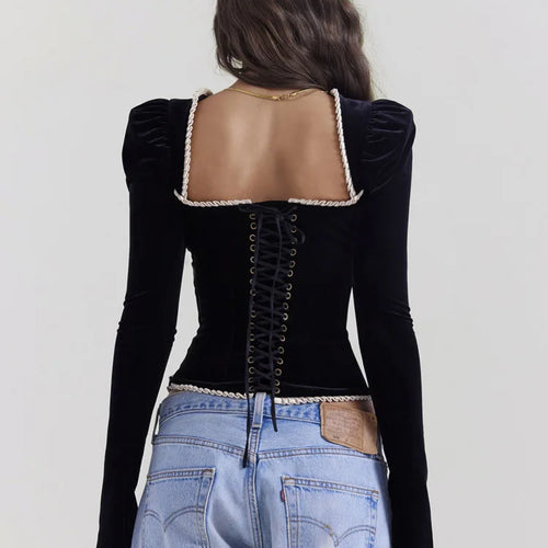 Load image into Gallery viewer, Elegant Velvet Long Sleeved Tight T-shirt For Women Sexy Square Neck Slim Backless Lace Up Female Top Fashion Streetwear
