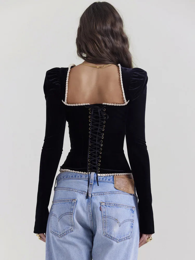 Elegant Velvet Long Sleeved Tight T-shirt For Women Sexy Square Neck Slim Backless Lace Up Female Top Fashion Streetwear