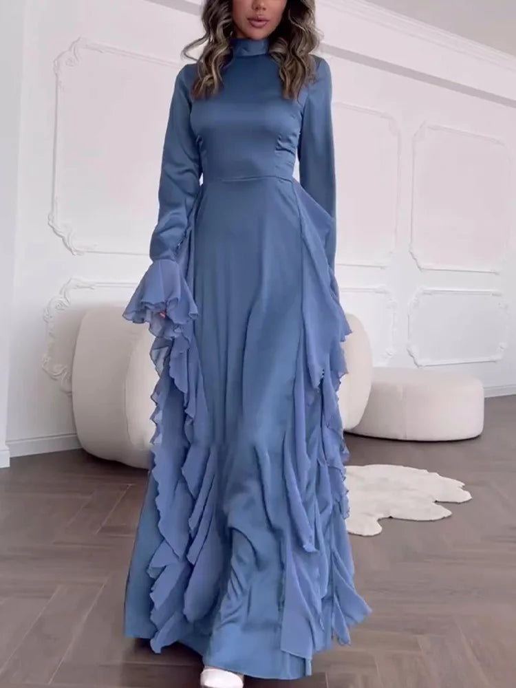 Elegant Long Sleeved Ruffled Round Neck Maxi Dress For Women's Spring New 2025 Party Club Evening Dress Slim Vestidos