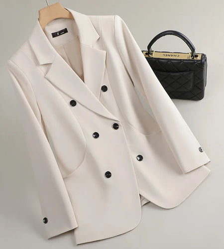 Fashion Women's Black Beige Double Breasted Long Sleeve Blazer Coat 2025 Spring Autumn Grey Office Lady Festival Temperament Top