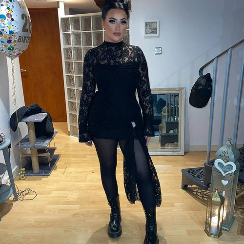 Load image into Gallery viewer, Lace Long Sleeve Sexy Mini Dress For Women Robe Fashion Black See Through Draped Ruched Bodycon Club Party Dress
