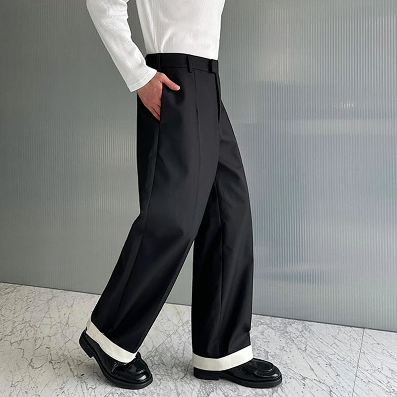 Autumn Wide Leg Suit Pants Men Contrast Color Cuffed Hidden Buckle Design Personalized Versatile Straight Pants 9C7057