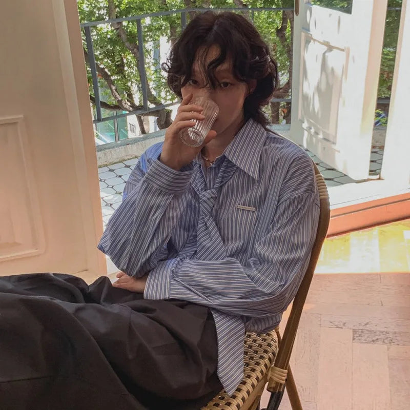 Spring Men's Long Sleeve Shirts New Striped Tie College Style Loose Casual Male Turn-down Collar Clothing 2025 9W1448