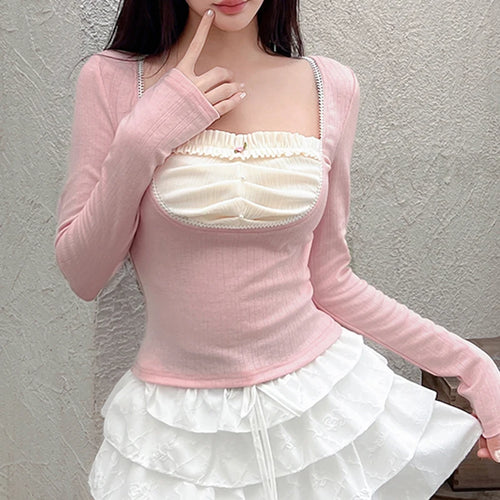 Load image into Gallery viewer, Square Neck Pink Korean Autumn T shirts for Women Patched Folds Sweet Coquette Clothes Cropped Top Tee Cutecore Girls
