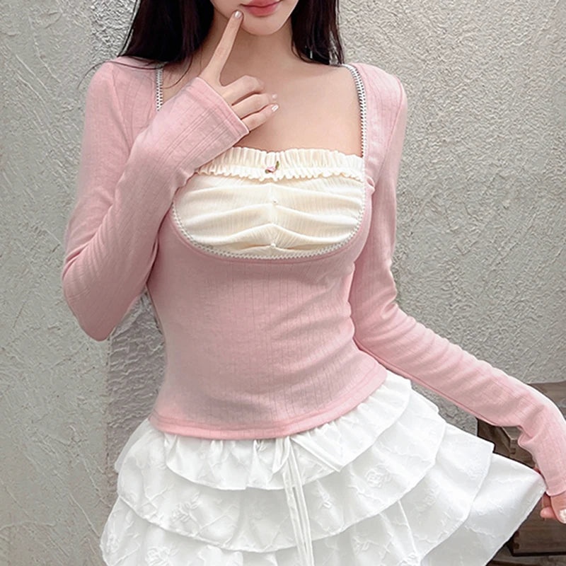 Square Neck Pink Korean Autumn T shirts for Women Patched Folds Sweet Coquette Clothes Cropped Top Tee Cutecore Girls