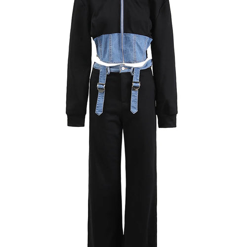 Load image into Gallery viewer, Black Denim Jacket Wide Leg Pants Two Piece Suit New Hooded Long Sleeve Women Fashion Tide Spring Autumn 2025 CPDB013
