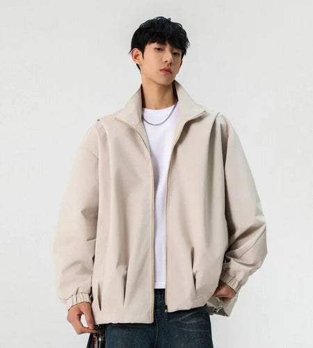 Korean Style Men's Jackets Casual Stand Collar Solid Color Fashion Pleated Design Outdoor Loose Male Coats Spring 9W1234